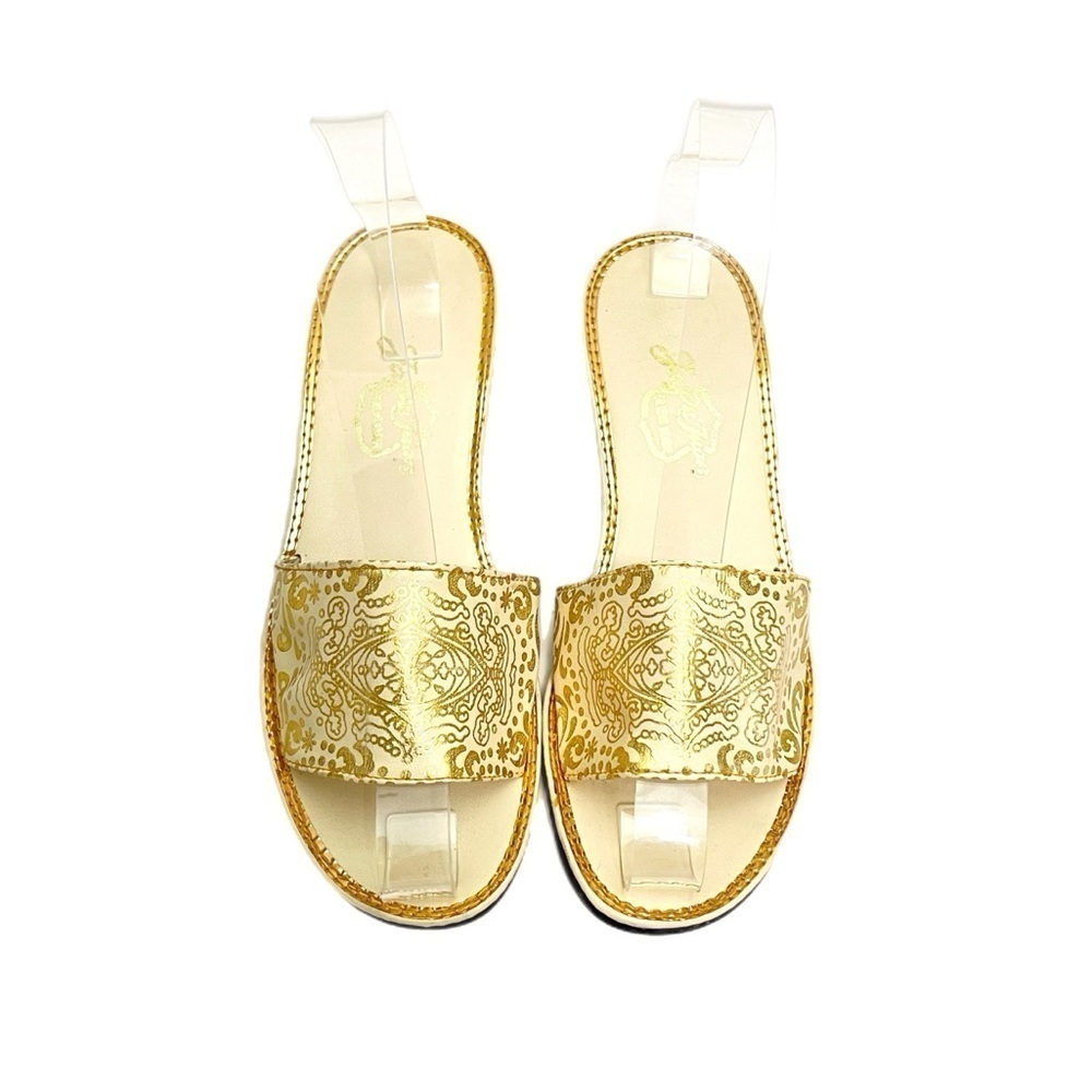 Vintage 1960s deadstock ivory vegan leather gold paisley slip on heeled sandals